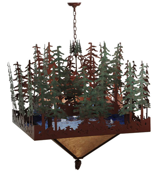 Meyda Lighting Pine Lake 57" 6-Light Rust Inverted Pendant Light With Silver Mica and Blue Art Shade Glass