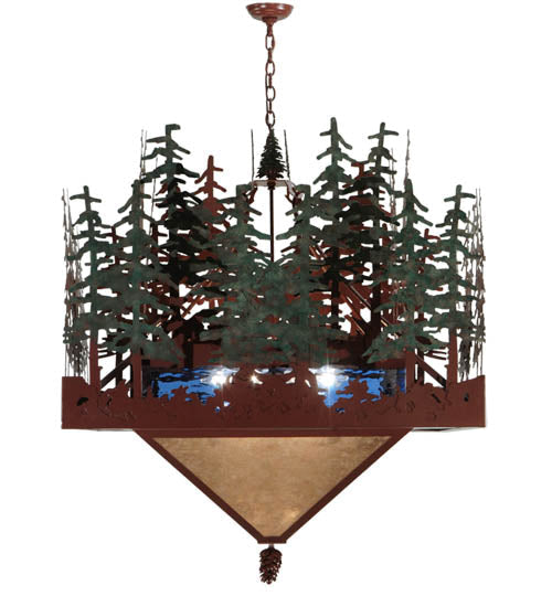 Meyda Lighting Pine Lake 57" 6-Light Rust Inverted Pendant Light With Silver Mica and Blue Art Shade Glass