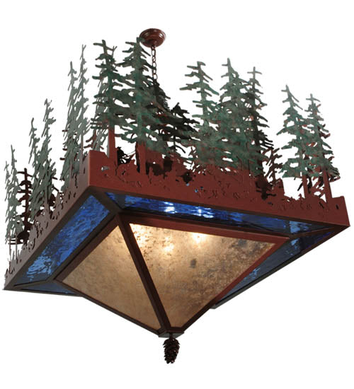 Meyda Lighting Pine Lake 57" 6-Light Rust Inverted Pendant Light With Silver Mica and Blue Art Shade Glass