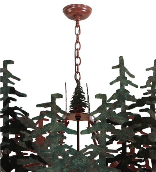 Meyda Lighting Pine Lake 57" 6-Light Rust Inverted Pendant Light With Silver Mica and Blue Art Shade Glass
