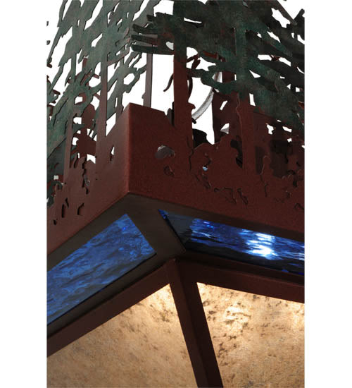 Meyda Lighting Pine Lake 57" 6-Light Rust Inverted Pendant Light With Silver Mica and Blue Art Shade Glass