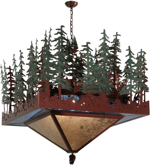 Meyda Lighting Pine Lake 57" 6-Light Rust Inverted Pendant Light With Silver Mica and Blue Art Shade Glass