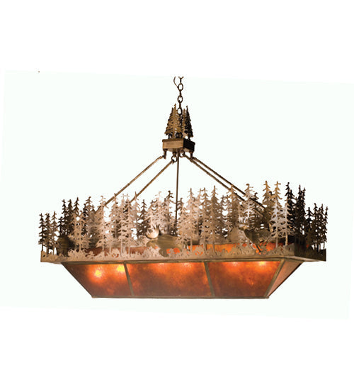 Meyda Lighting Pine Lake 60" 6-Light Antique Copper Inverted Island Pendant Light With Amber Mica Shade Glass