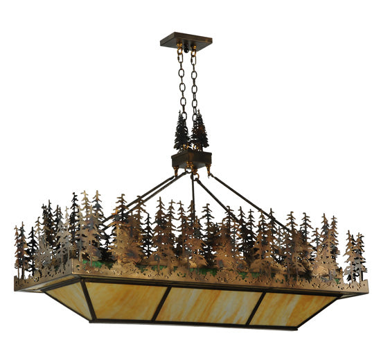 Meyda Lighting Pine Lake 60" 8-Light Dark Burnished Antique Copper Inverted Pendant Light With Beige & Greenish Brown Art Shade Glass