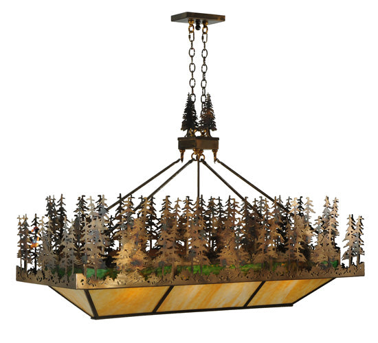 Meyda Lighting Pine Lake 60" 8-Light Dark Burnished Antique Copper Inverted Pendant Light With Beige & Greenish Brown Art Shade Glass