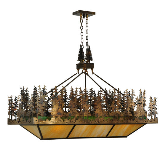 Meyda Lighting Pine Lake 60" 8-Light Dark Burnished Antique Copper Inverted Pendant Light With Beige & Greenish Brown Art Shade Glass
