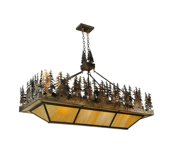 Meyda Lighting Pine Lake 60" 8-Light Dark Burnished Antique Copper Inverted Pendant Light With Beige & Greenish Brown Art Shade Glass