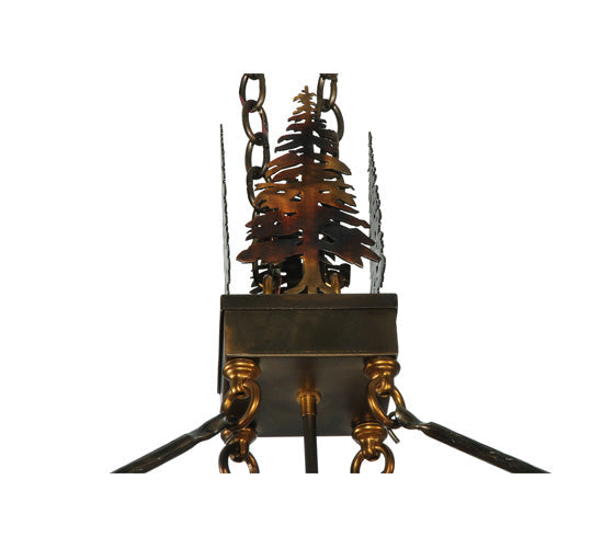 Meyda Lighting Pine Lake 60" 8-Light Dark Burnished Antique Copper Inverted Pendant Light With Beige & Greenish Brown Art Shade Glass