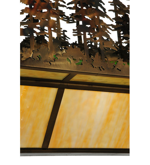 Meyda Lighting Pine Lake 60" 8-Light Dark Burnished Antique Copper Inverted Pendant Light With Beige & Greenish Brown Art Shade Glass