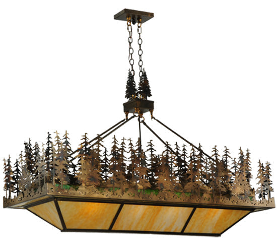 Meyda Lighting Pine Lake 60" 8-Light Dark Burnished Antique Copper Inverted Pendant Light With Beige & Greenish Brown Art Shade Glass