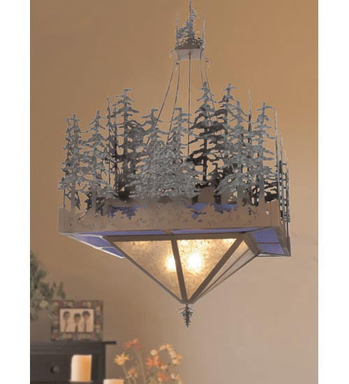 Meyda Lighting Pine Lake 60"Sq 12-Light Rust & Green Trees Inverted Pendant Light With Blue & Silver Mica Shade Glass