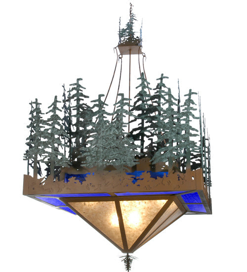 Meyda Lighting Pine Lake 60"Sq 12-Light Rust & Green Trees Inverted Pendant Light With Blue & Silver Mica Shade Glass