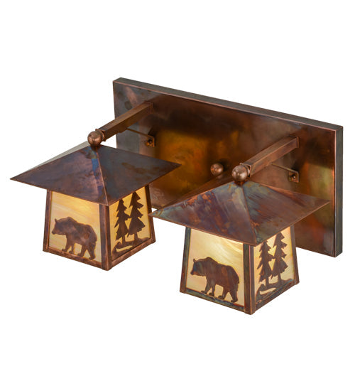 Meyda Lighting Pine Tree and Bear 22" 2-Light Vintage Copper Vanity Light With Beige Iridescent Shade Glass