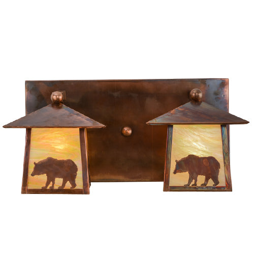 Meyda Lighting Pine Tree and Bear 22" 2-Light Vintage Copper Vanity Light With Beige Iridescent Shade Glass