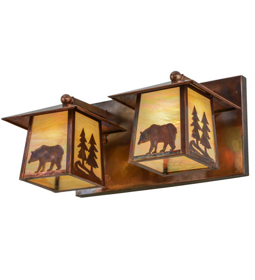 Meyda Lighting Pine Tree and Bear 22" 2-Light Vintage Copper Vanity Light With Beige Iridescent Shade Glass