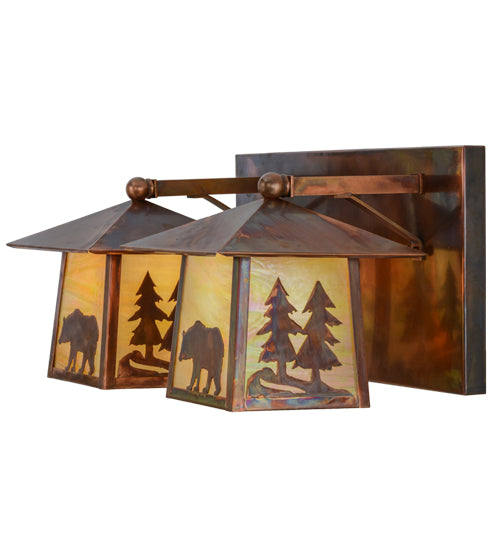 Meyda Lighting Pine Tree and Bear 22" 2-Light Vintage Copper Vanity Light With Beige Iridescent Shade Glass