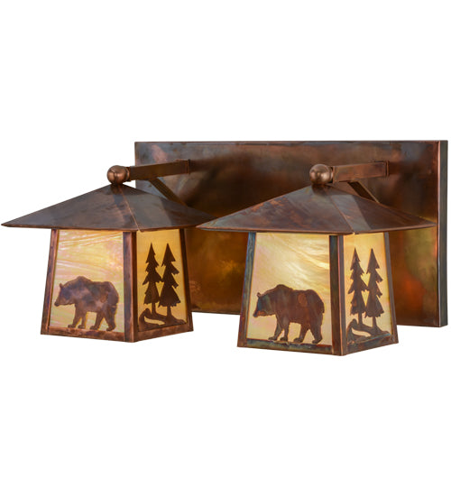 Meyda Lighting Pine Tree and Bear 22" 2-Light Vintage Copper Vanity Light With Beige Iridescent Shade Glass