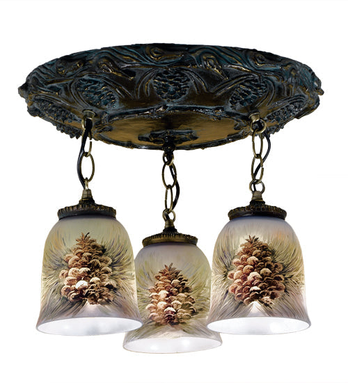 Meyda Lighting Pinecone 17" 3-Light Golden Pine Semi-flush Mount Light With Multi-Colored Hand Painted Shade Glass