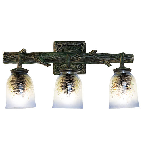 Meyda Lighting Pinecone 22" 3-Light Golden Pine Vanity Light With Multi-Colored Hand Painted Shade Glass