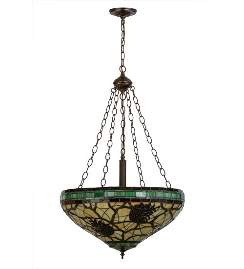 Meyda Lighting Pinecone 22" 4-Light Mahogany Bronze Inverted Pendant Light With Multi-Colored Shade Glass