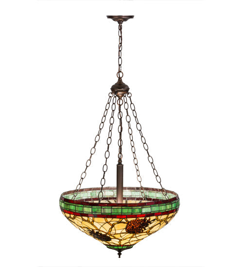 Meyda Lighting Pinecone 22" 4-Light Mahogany Bronze Inverted Pendant Light With Multi-Colored Shade Glass