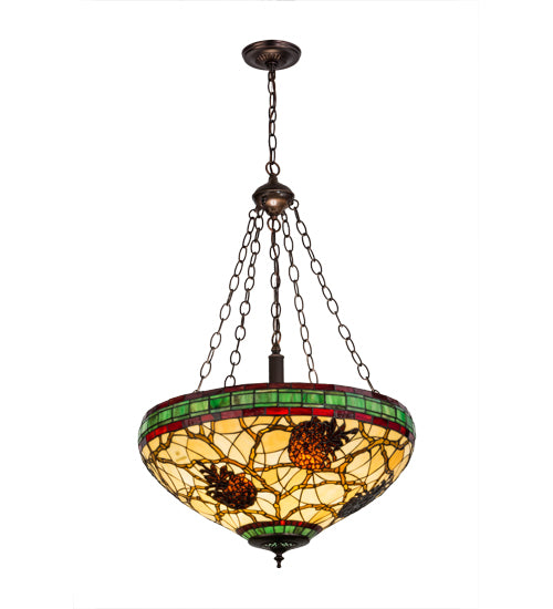 Meyda Lighting Pinecone 22" 4-Light Mahogany Bronze Inverted Pendant Light With Multi-Colored Shade Glass