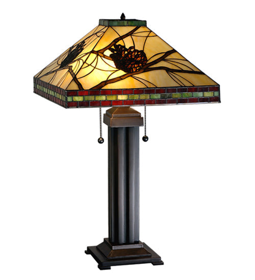 Meyda Lighting Pinecone 24" 2-Light Mahogany Bronze Mission Table Lamp With Multi-Colored Stained Shade Glass