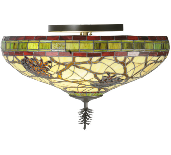 Meyda Lighting Pinecone 24" 3-Light Timeless Bronze Flush Mount Light With Multi-Colored Shade Glass