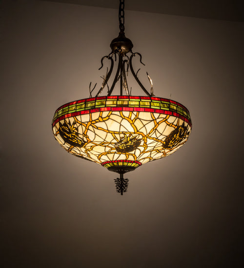 Meyda Lighting Pinecone 24" 4-Light Antique Copper Inverted Pendant Light With Multi-Colored Shade Glass