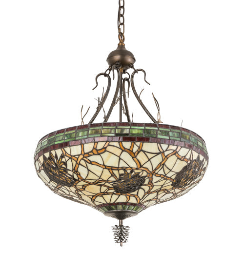 Meyda Lighting Pinecone 24" 4-Light Antique Copper Inverted Pendant Light With Multi-Colored Shade Glass