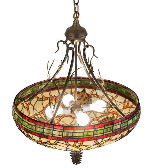 Meyda Lighting Pinecone 24" 4-Light Antique Copper Inverted Pendant Light With Multi-Colored Shade Glass