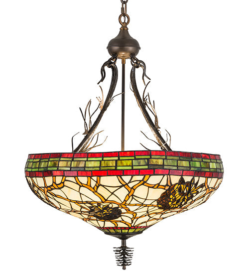 Meyda Lighting Pinecone 24" 4-Light Antique Copper Inverted Pendant Light With Multi-Colored Shade Glass