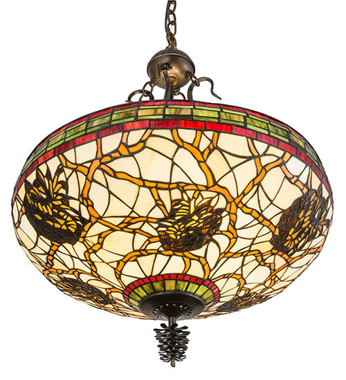 Meyda Lighting Pinecone 24" 4-Light Antique Copper Inverted Pendant Light With Multi-Colored Shade Glass
