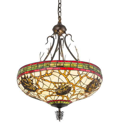 Meyda Lighting Pinecone 24" 4-Light Antique Copper Inverted Pendant Light With Multi-Colored Shade Glass