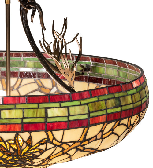 Meyda Lighting Pinecone 24" 4-Light Antique Copper Inverted Pendant Light With Multi-Colored Stained Shade Glass