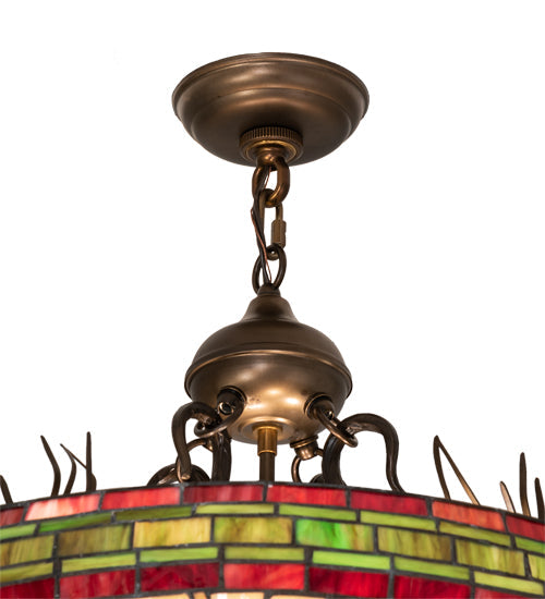 Meyda Lighting Pinecone 24" 4-Light Antique Copper Inverted Pendant Light With Multi-Colored Stained Shade Glass