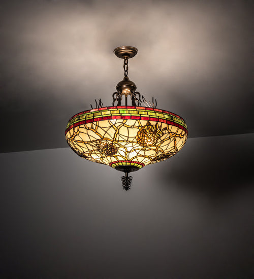 Meyda Lighting Pinecone 24" 4-Light Antique Copper Inverted Pendant Light With Multi-Colored Stained Shade Glass