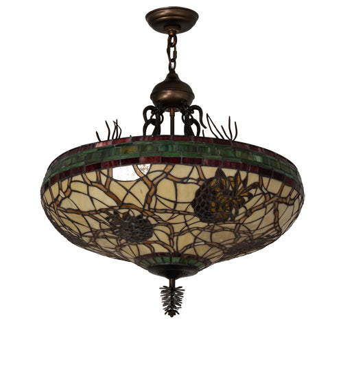 Meyda Lighting Pinecone 24" 4-Light Antique Copper Inverted Pendant Light With Multi-Colored Stained Shade Glass
