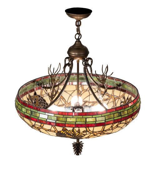 Meyda Lighting Pinecone 24" 4-Light Antique Copper Inverted Pendant Light With Multi-Colored Stained Shade Glass