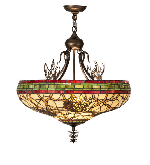Meyda Lighting Pinecone 24" 4-Light Antique Copper Inverted Pendant Light With Multi-Colored Stained Shade Glass