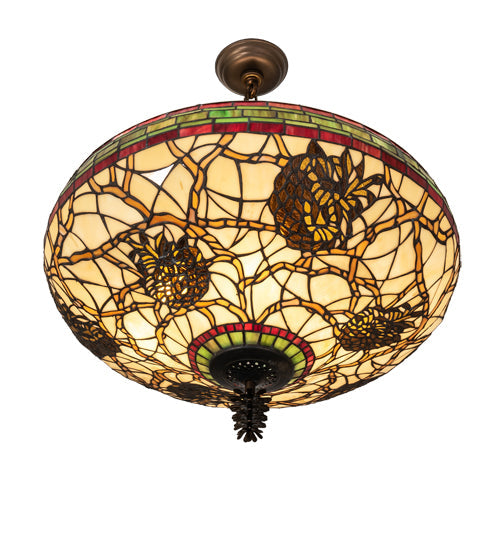 Meyda Lighting Pinecone 24" 4-Light Antique Copper Inverted Pendant Light With Multi-Colored Stained Shade Glass