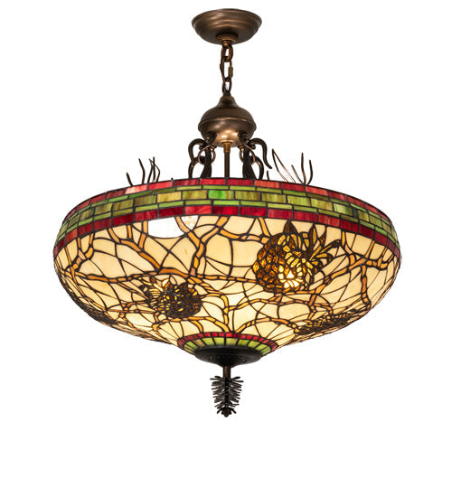 Meyda Lighting Pinecone 24" 4-Light Antique Copper Inverted Pendant Light With Multi-Colored Stained Shade Glass