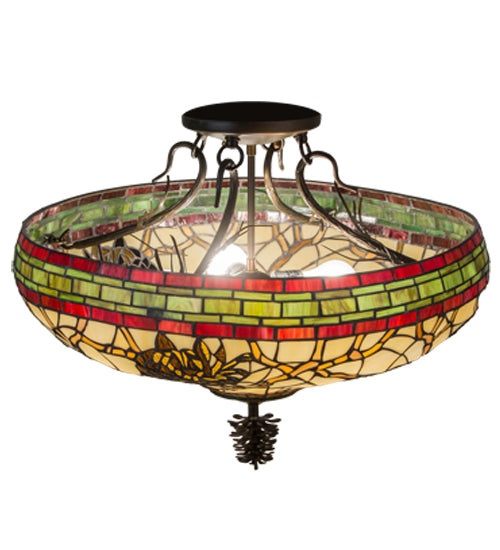 Meyda Lighting Pinecone 24" 4-Light Antique Copper Semi-flush Mount Ceiling Light With Multi-Colored Shade Glass