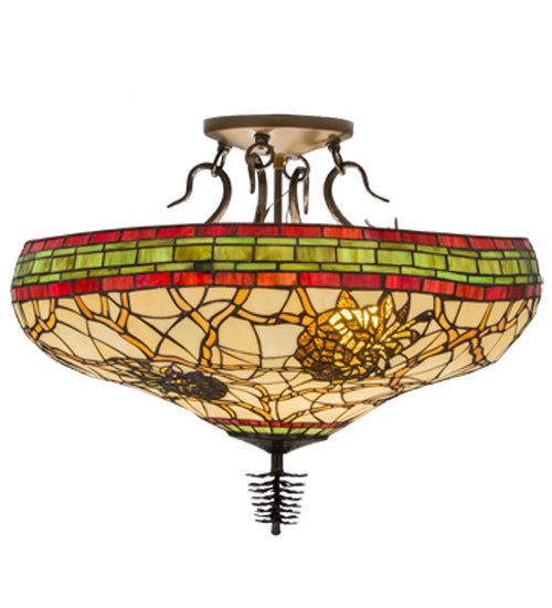 Meyda Lighting Pinecone 24" 4-Light Antique Copper Semi-flush Mount Ceiling Light With Multi-Colored Shade Glass