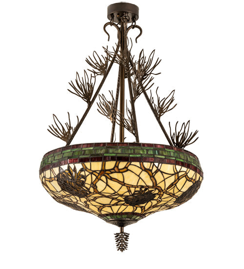 Meyda Lighting Pinecone 24" 4-Light Antique Copper Semi-flush Mount Light With Multi-Colored Stained Shade Glass