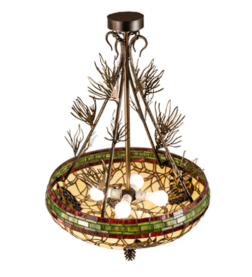 Meyda Lighting Pinecone 24" 4-Light Antique Copper Semi-flush Mount Light With Multi-Colored Stained Shade Glass