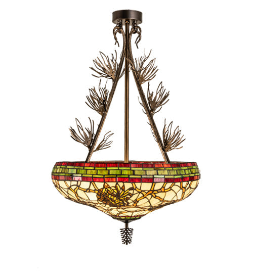 Meyda Lighting Pinecone 24" 4-Light Antique Copper Semi-flush Mount Light With Multi-Colored Stained Shade Glass