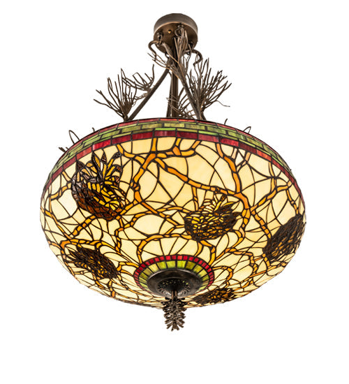 Meyda Lighting Pinecone 24" 4-Light Antique Copper Semi-flush Mount Light With Multi-Colored Stained Shade Glass