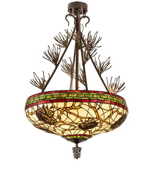Meyda Lighting Pinecone 24" 4-Light Antique Copper Semi-flush Mount Light With Multi-Colored Stained Shade Glass