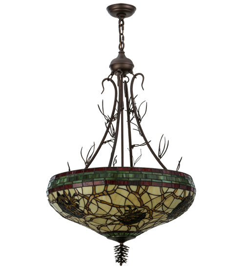 Meyda Lighting Pinecone 24" 4-Light Mahogany Bronze Inverted Pendant Light With Multi-Colored Shade Glass